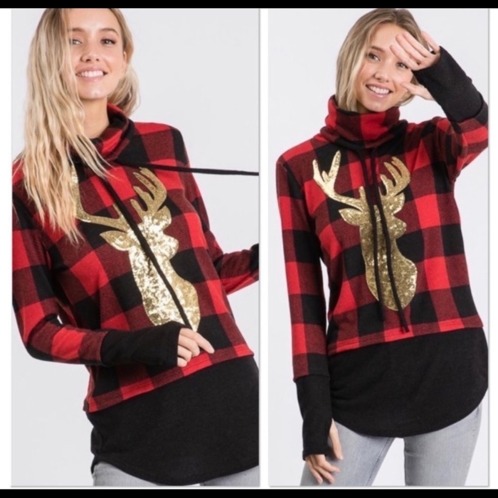 New! Sale 🔥 Buffalo Plaid Gold shiny reindeer sequins hoodie soft